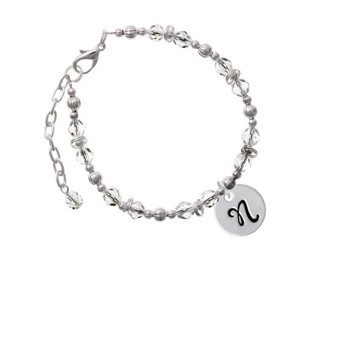 Silvertone Large Script Letter - N - 3/4'' Disc - Clear Beaded Bracelet
