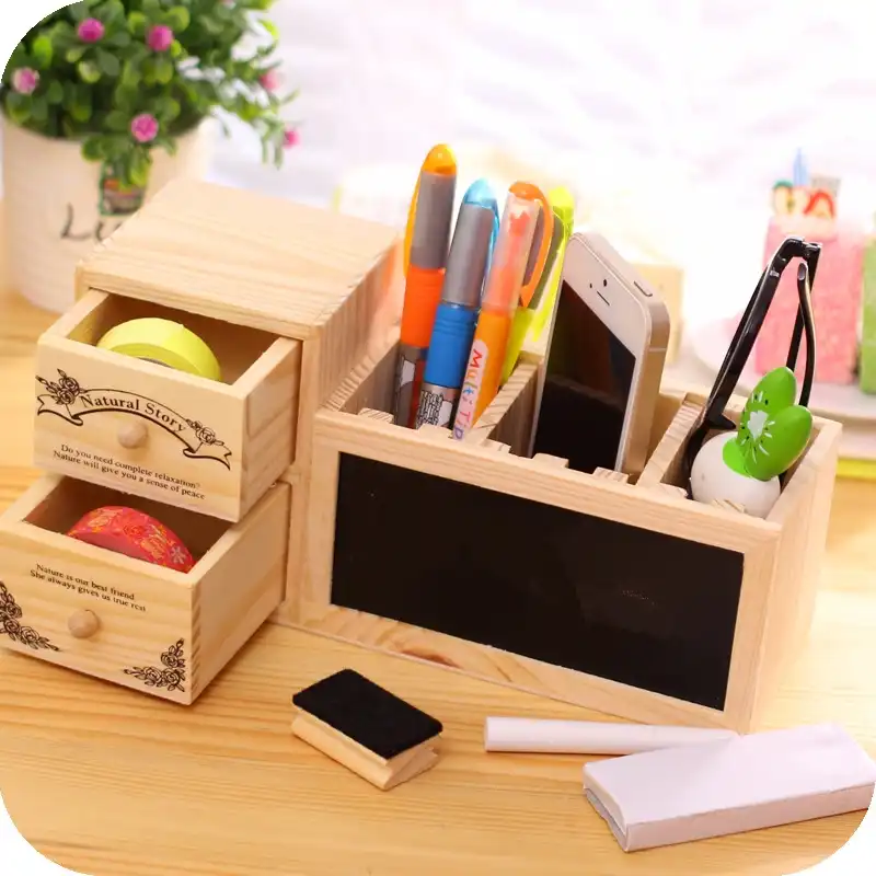 Wooden Pen Holder With Blackboard Cute Desktop Pencil Holder