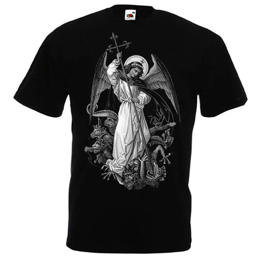 Крутая черно-белая футболка унисекс с изображением святого Михаила дьявола
