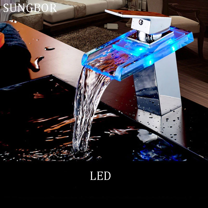 LED Basin Faucet Brass Waterfall Temperature Colors Change Bathroom Mixer Tap Deck Mounted Wash Sink Glass Taps | Обустройство дома