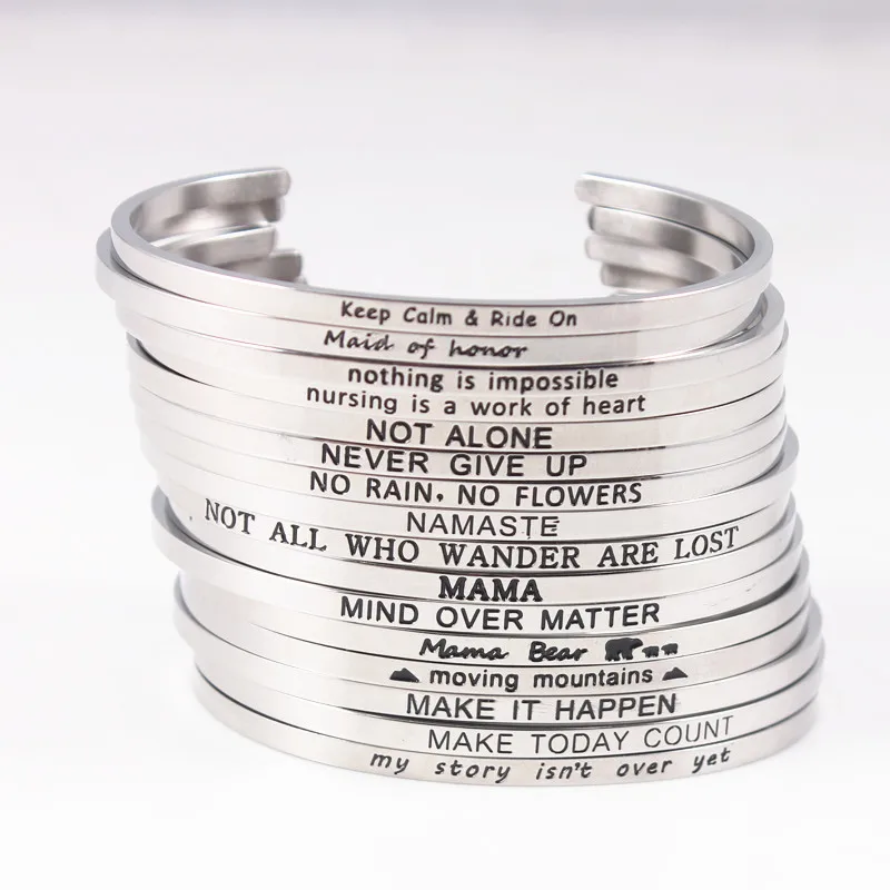 Fashion Stainless Steel Open Cuff 19 Designs Words Women Gift Hand imprint Engraved Inspirational Quotes Mantra Bracelet Bangle
Fashion Stainless Steel Open Cuff 19 Designs Words Women Gift Hand imprint Engraved Inspirational Quotes Mantra Bracelet Bangle