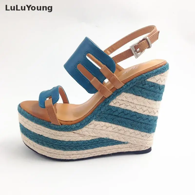 Women wedges sandals high heels sandals striped Straw shoes Casual platform shoes open toe sy-1118