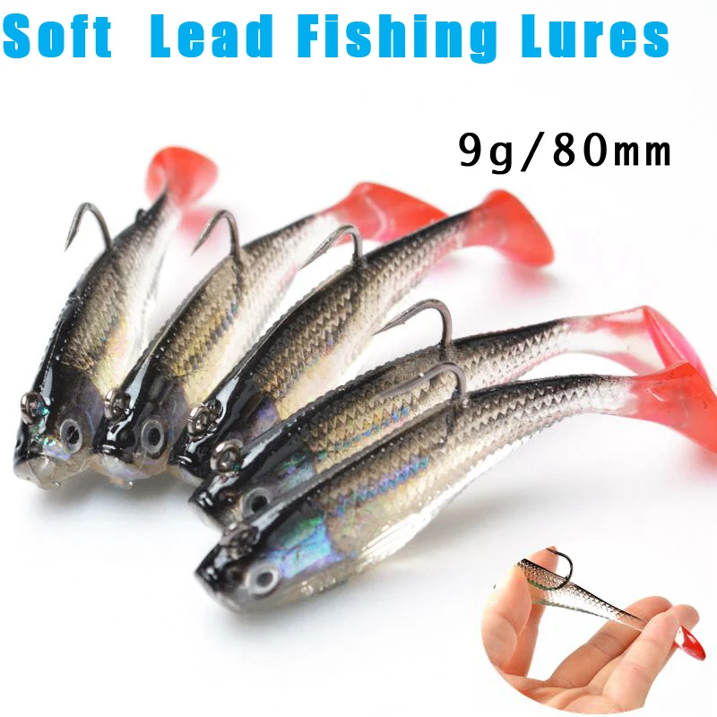 

5Pcs/Lot 3D Eyes Lead Fishing Lures With T Tail Soft Fishing Lure Single Hook Baits artificial bait jig wobblers rubber 80mm/9g