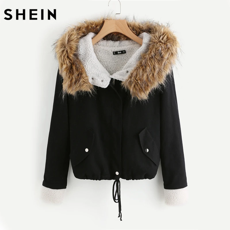 SHEIN Модная Куртка С Капюшоном Искусственным Мехом Парка Меховой Отделкой|jacket