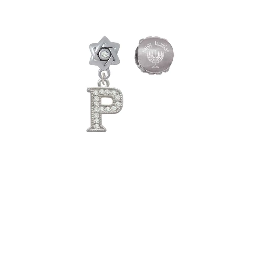 Silvertone Crystal Initial - P - Happy Hanukkah Charm Beads (Set of 2)