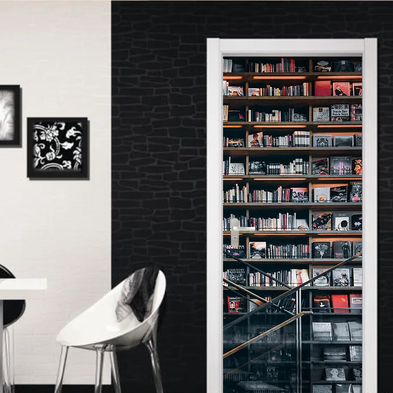 70*200cm 3D bookshelf simulation door stickers study room decoration waterproof living murals | Дом и сад