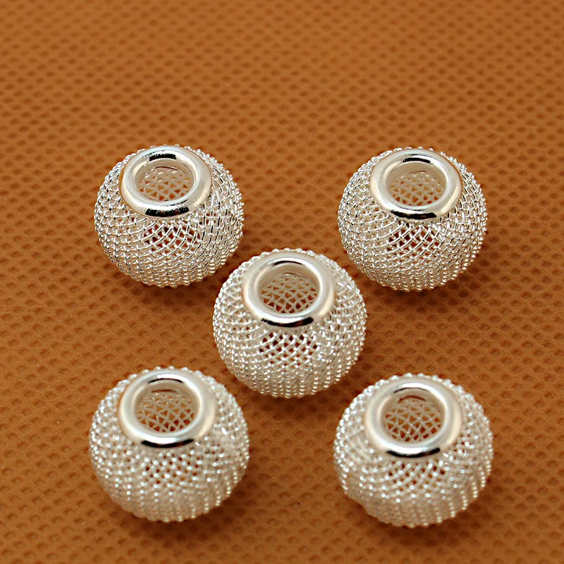 30pcs/lot 11x14mm Silver Color Loose Beads Round Ball Large Hole Mesh Net European Spacer for DIY Jewelry Making Findings | Украшения и