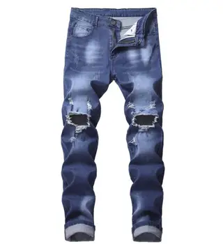 Mens Slim Holes Ripped Distressed Stretch Denim Jeans Blue Basic Casual Big Hole Pants Size 40 42
Mens Slim Holes Ripped Distressed Stretch Denim Jeans Blue Basic Casual Big Hole Pants Size 40 42