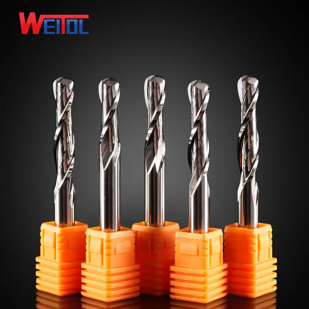Weito 5A 10pcs 6mm diameter Carbide ball nose end mill two sprial Ball nose milling cnc router bits for Wood and MDF cutting
Weito 5A 10pcs 6mm diameter Carbide ball nose end mill two sprial Ball nose milling cnc router bits for Wood and MDF cutting