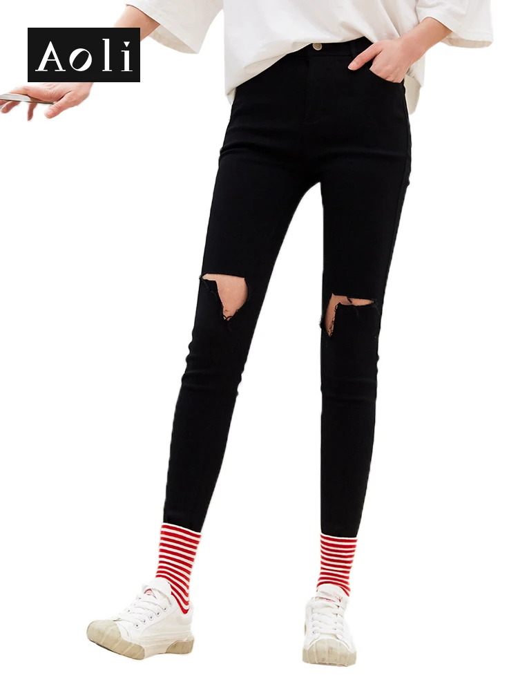 Женские облегающие джинсы AOLI черные леггинсы в дырочку с эффектом пуш-ап DXX910053 2019