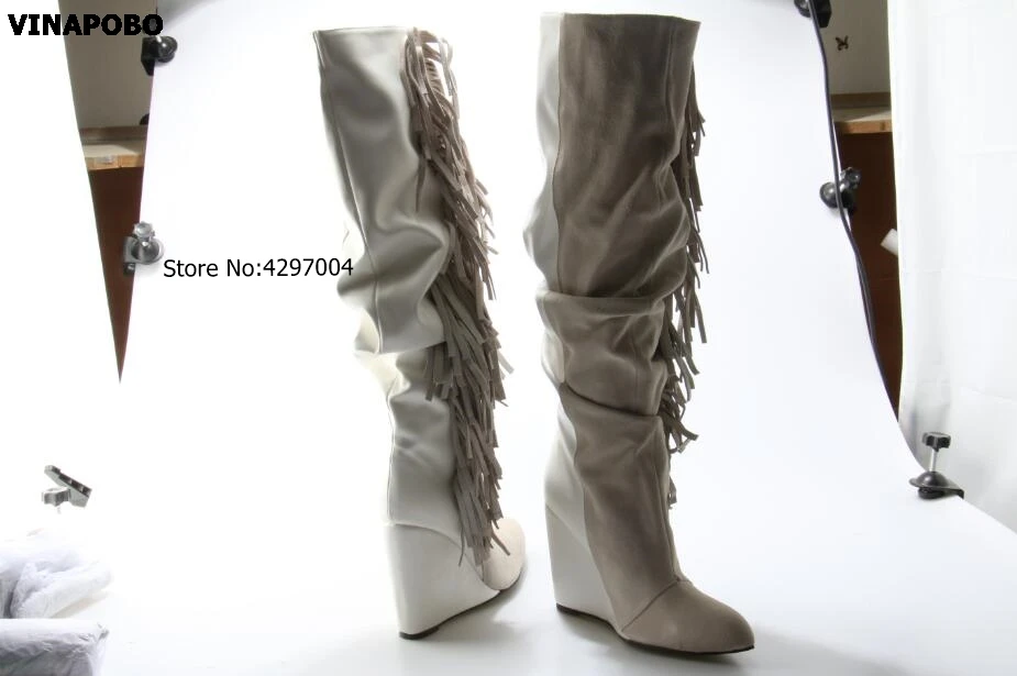 1High-Quality-White-Leather-Tassel-Knee-High-Boots-Women-Round-Toe-Fringe-Wedge-Shoes-High-Heels