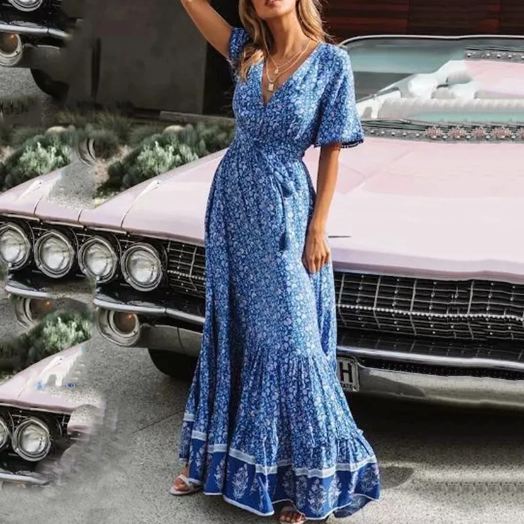 Fashion Women summer dress Deep V-Neck Short Sleeve Print Tassel Buttons Vintage Maxi dresses woman party night vestidos 2019
Fashion Women summer dress Deep V-Neck Short Sleeve Print Tassel Buttons Vintage Maxi dresses woman party night vestidos 2019