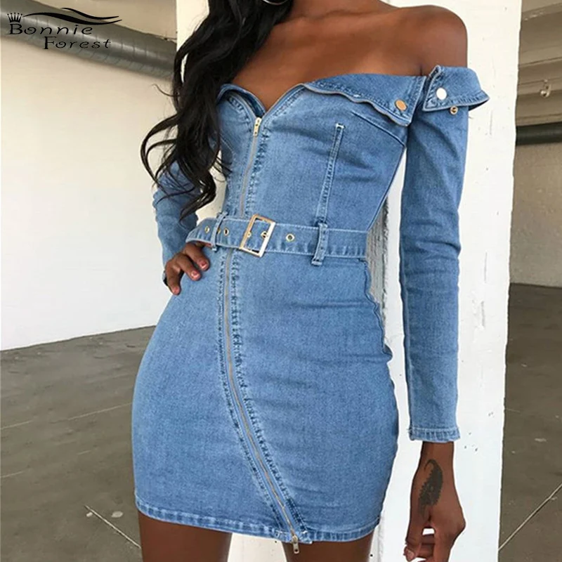 Bonnie Forest Sexy Solid Color Off the Shoulder Long Sleeve Denim Dress Women Zipper Nightclub Sheath Mini Dress With Belts
Bonnie Forest Sexy Solid Color Off the Shoulder Long Sleeve Denim Dress Women Zipper Nightclub Sheath Mini Dress With Belts