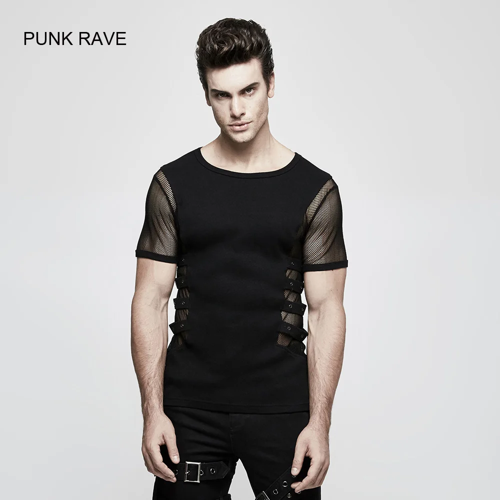 Punk Rave Men Punk Style Black Mesh T-short Fashion Hollow Out with Straps Short Sleeves Summer Cool T-shirt
Punk Rave Men Punk Style Black Mesh T-short Fashion Hollow Out with Straps Short Sleeves Summer Cool T-shirt