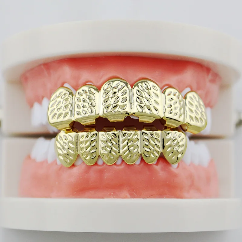 Gold Color Hip Hop Tooth Grillz Top & Bottom Grill Cap for Halloween Bling Jewelry Custom Design Fake Teeth Ornament Women Party Accessories  (3)