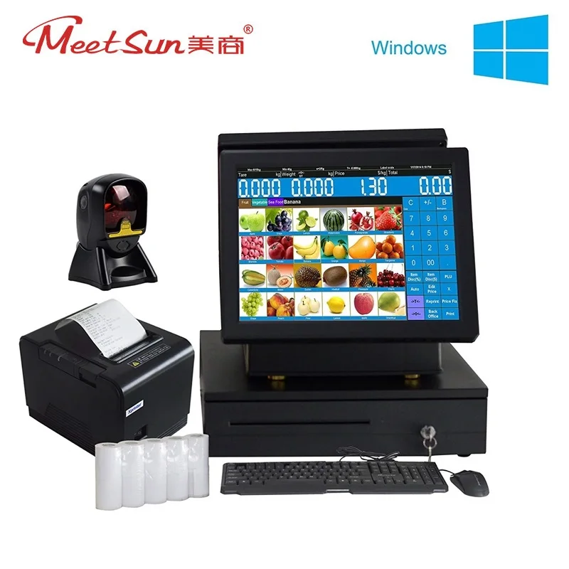 

Meetsun MS-808DS2 Double Side 15'' TFT LCD Touch Screen Monitor POS System Cash Register & 80mm Printer ,Cash box, 2D Scanner