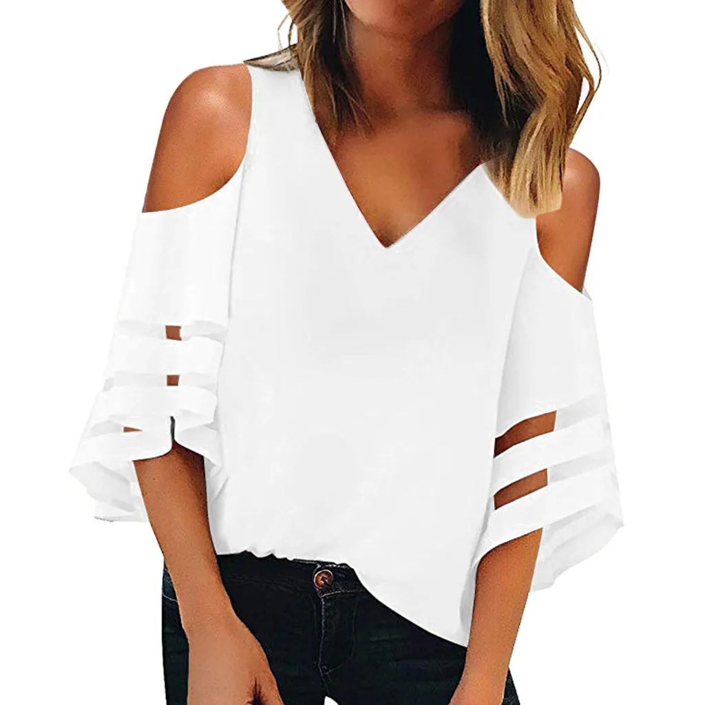 Chiffon Blouse Button V Neck Mesh Panel Blouse 3/4 Bell Sleeve Loose Top Shirt Chemise Femme#Z15
Chiffon Blouse Button V Neck Mesh Panel Blouse 3/4 Bell Sleeve Loose Top Shirt Chemise Femme#Z15