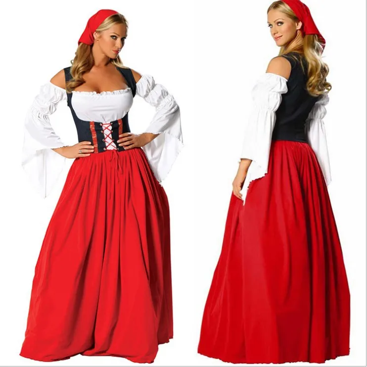 Image Oktoberfest Beer Festival October Dirndl Red Maid Peasant Skirt Dress Apron Blouse Gown German Wench Costume Adult Fancy Dress
