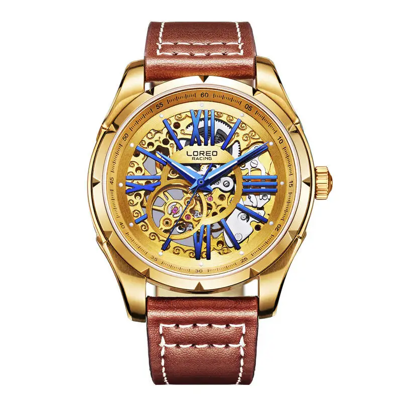 

LOREO 8104 Germany watches men luxury brand mechanical sapphire golden Leather hollow 316L Stainless Steel business watch