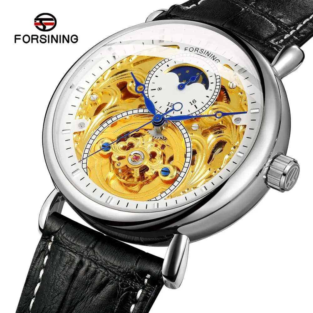 Forsining Black Silver White Moonphase Design Blue Hands Mens Mechanical Watch Genuine Leather Strap
Forsining Black Silver White Moonphase Design Blue Hands Mens Mechanical Watch Genuine Leather Strap