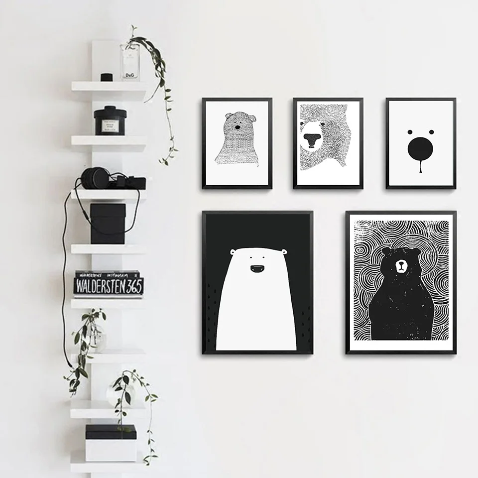 Cartoon-Polar-Bear-Animal-Nordic-Art-Canvas-Poster-Minimalist-Print-Black-White-Wall-Picture-Modern-Home