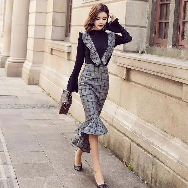 2019 Autumn HIGH QUALITY Office Work Wear Newest Runway Women's Flare Sleeve Tops+2 piece set women Plaid fish tail Dress DC843
2019 Autumn HIGH QUALITY Office Work Wear Newest Runway Women's Flare Sleeve Tops+2 piece set women Plaid fish tail Dress DC843