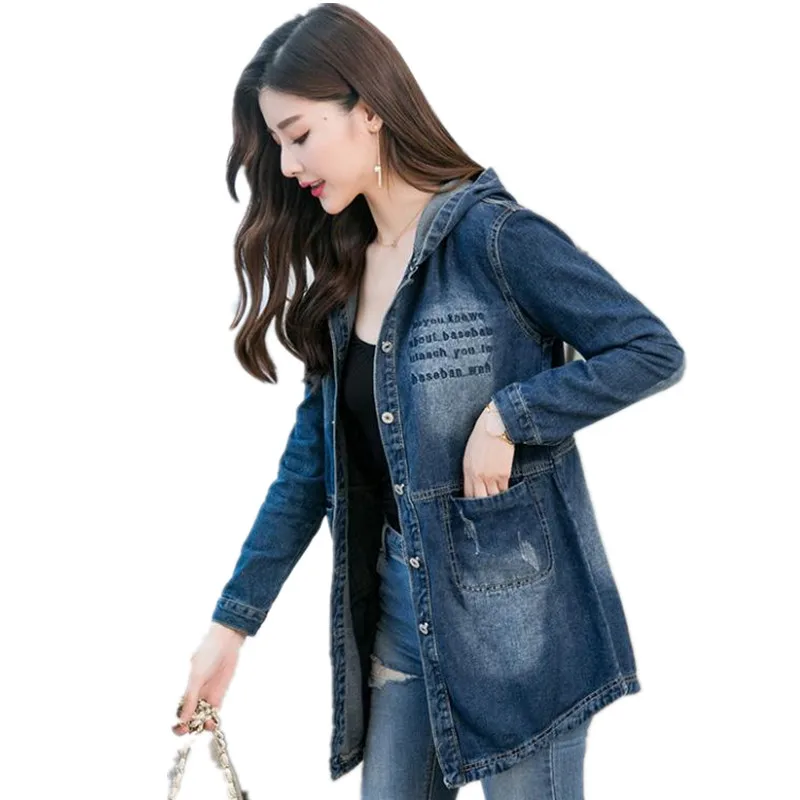 2019 Fashion Streetwear Print Women Denim Jacket Female Hooded Button Slim Coat Medium-Long Denim Outerwear Jackets Mujer Q1177
2019 Fashion Streetwear Print Women Denim Jacket Female Hooded Button Slim Coat Medium-Long Denim Outerwear Jackets Mujer Q1177
