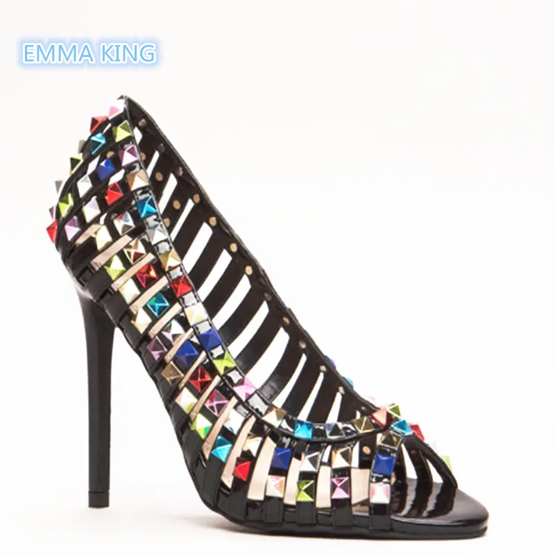 

Colorful Rivet Strap Caged Heeled Women Pumps Fashion Peep Toe Stilettos Ladies Party Shoes Cut-Out Design Slip-On Style Sandals