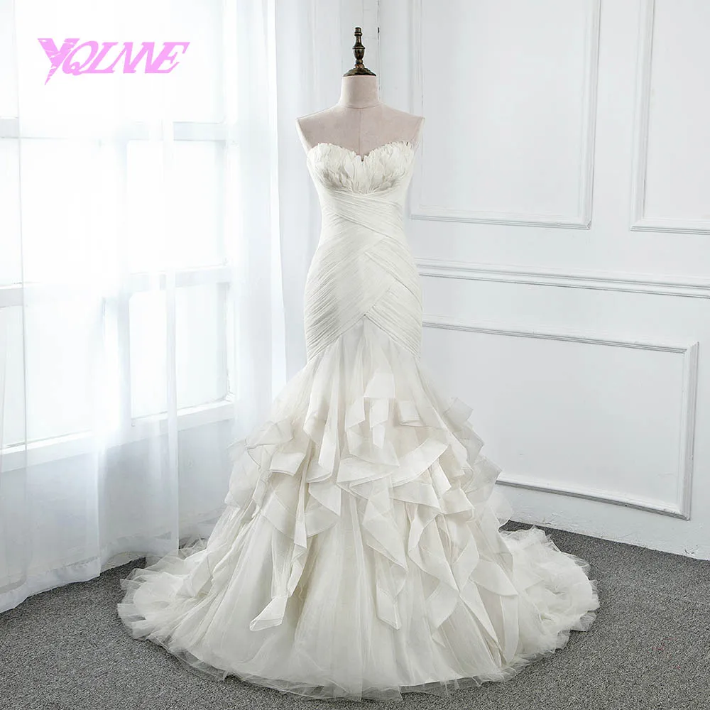 YQLNNE 2018 Feathers Wedding Dress Mermaid Trumpet Sweetheart Bridal Dresses Tulle Pleats Ruffles Zipper Back
YQLNNE 2018 Feathers Wedding Dress Mermaid Trumpet Sweetheart Bridal Dresses Tulle Pleats Ruffles Zipper Back
