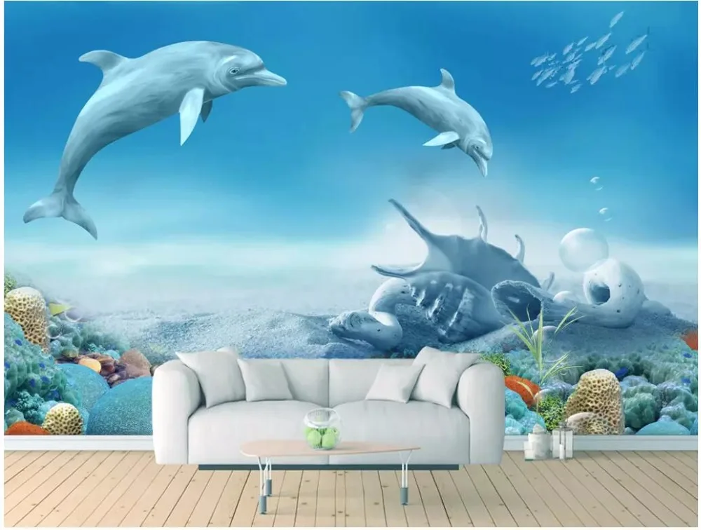 

Custom mural 3d photo wallpaper Dolphin coral reef living room home decor painting 3d wall murals wallpaper for walls 3 d