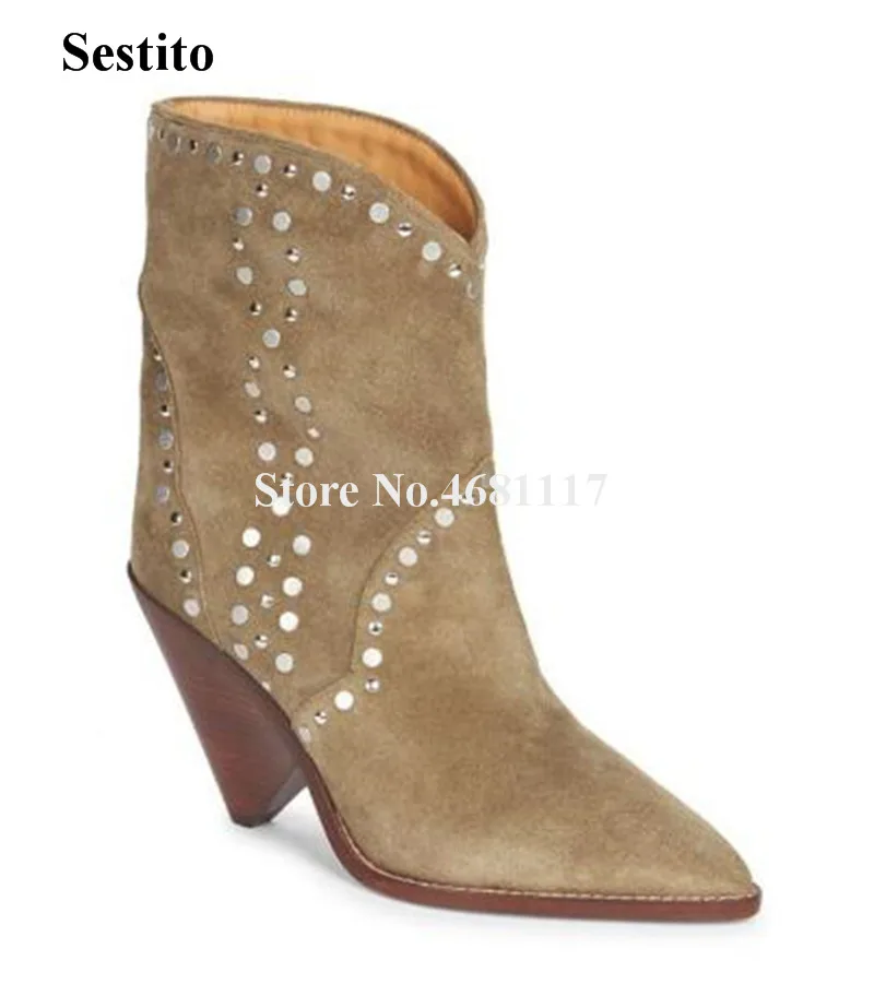 Brand Design Women Fashion Pointed Toe Suede Leather Spike Heel Short Boots Slip-on Rivet Ankle Booties Motorcycle Boots
Brand Design Women Fashion Pointed Toe Suede Leather Spike Heel Short Boots Slip-on Rivet Ankle Booties Motorcycle Boots