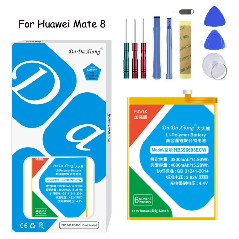 Original Da Da Xiong Lithium Polymer Battery HB396693ECW For Huawei Mate 8 4000mAh Replacement Mobile Phone BatteryFree tools
Original Da Da Xiong Lithium Polymer Battery HB396693ECW For Huawei Mate 8 4000mAh Replacement Mobile Phone BatteryFree tools