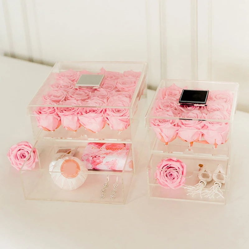 Clear Acrylic Pink Rose Box Cosmetic Case Makeup Organizer Box Rose Flower Box with Flowers Drawer Customize for Girl Mom
Clear Acrylic Pink Rose Box Cosmetic Case Makeup Organizer Box Rose Flower Box with Flowers Drawer Customize for Girl Mom