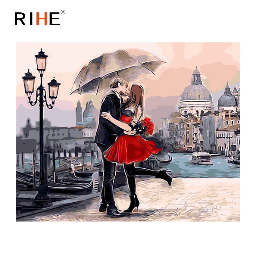 

RIHE Kissing Lovers Oil Painting By Numbers Romantic Cuadros Decoracion Acrylic Paint On Canvas For Artwork Modern Home Decor