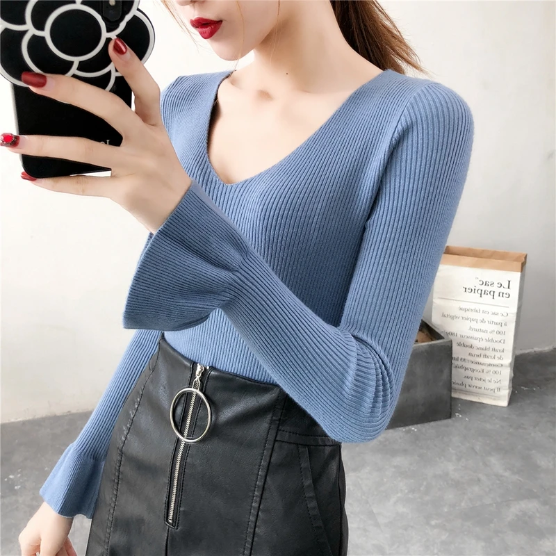 V Neck Back Lace Up Korean Fall Sweaters For Women Flare Sleeve Pullover Knitted Sweater Female Casual Jumper Women Winter Tops
V Neck Back Lace Up Korean Fall Sweaters For Women Flare Sleeve Pullover Knitted Sweater Female Casual Jumper Women Winter Tops