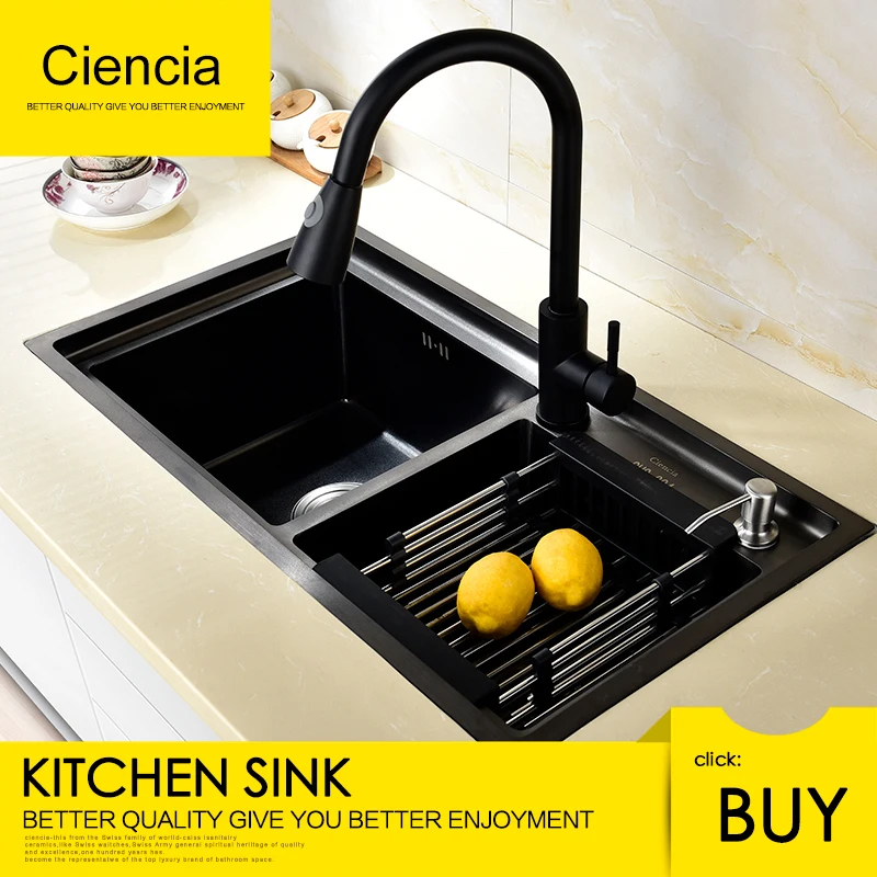 

Ciencia Stainless Steel Black DoubIe Undermount Kitchen Sink Set With Pull out faucet Double layer