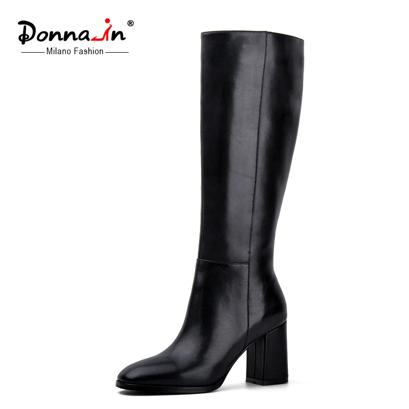 Image Donna in square toe high boots genuine leather women boots thick high heel leather lining boots