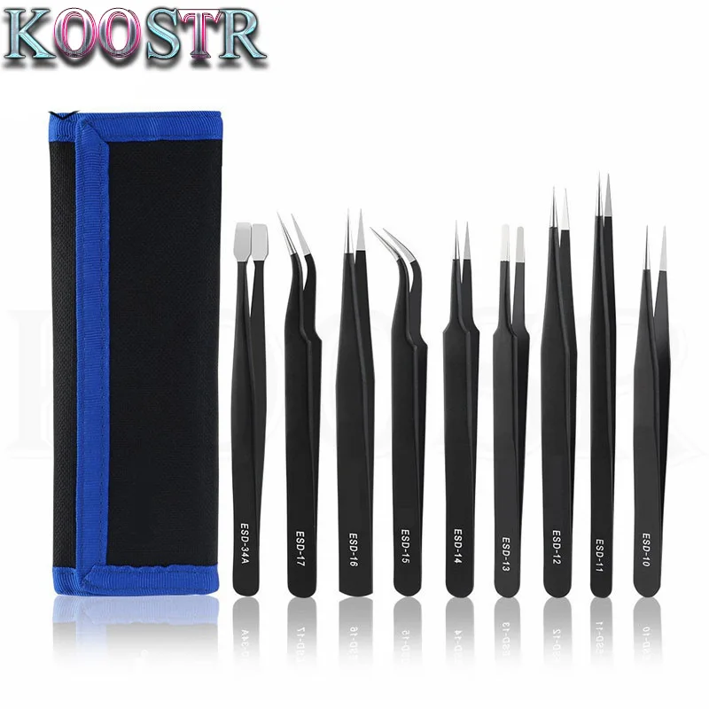 Canvas bag set 9IN1Precision stainless steel industrial tweezers for electronic components maintenance and antistatic pincet
Canvas bag set 9IN1Precision stainless steel industrial tweezers for electronic components maintenance and antistatic pincet