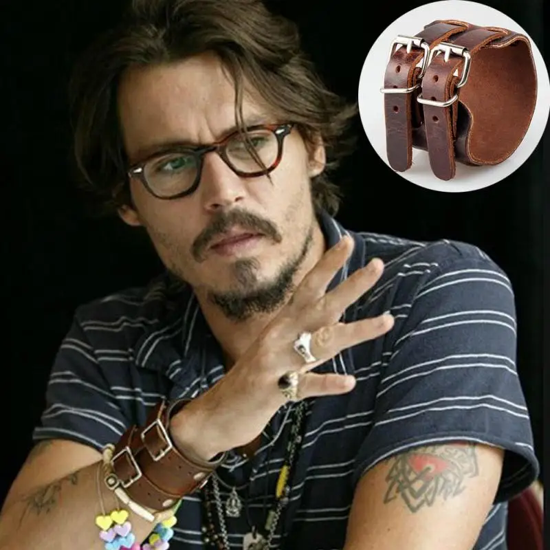 

Leather Men Cuff Wrap Punk Bracelet & Bangles Gifts Wristband Belt.Johnny Depp Fashion Band Pulseira Masculina Male Bijoux