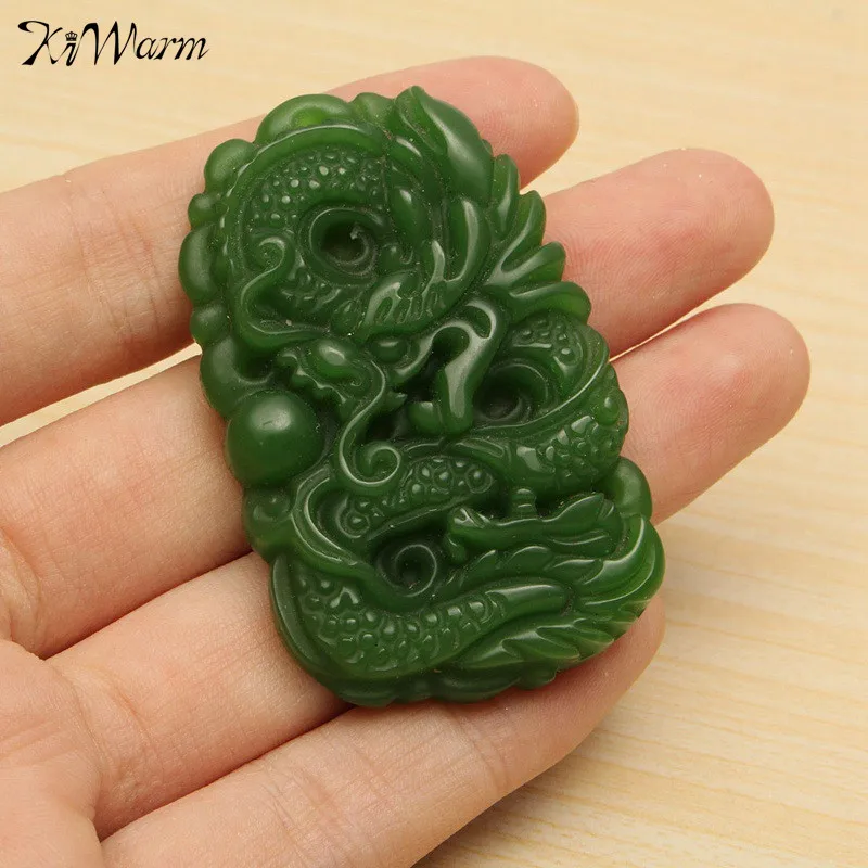 

KiWarm New Arrival Green Hetian Jasper Jade Carved Chinese Dragon Gemstone Pendant DIY Necklace Stone Crafts Gift Ornaments