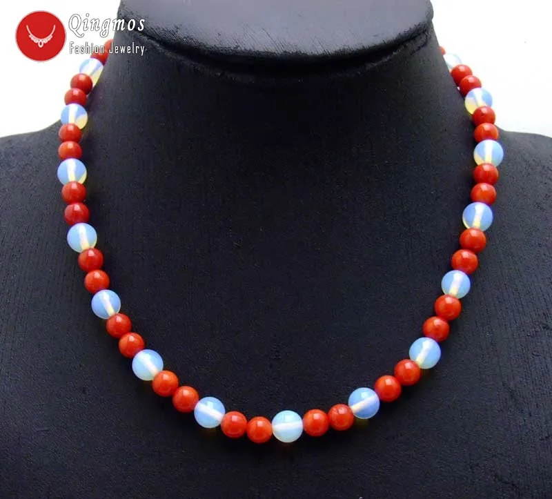 

Qingmos Trendy Natural Red Coral Chokers Necklace for Women with 6-7mm Red Coral & 8mm Blue Opal 17'' Necklace Jewelry-nec6081