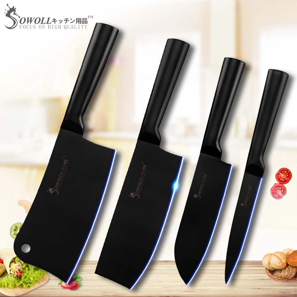 

SOWOLL Chopping Santoku Nakiri Utility Knife Stainless Steel Chef Knife Set 3Cr13 Black Blade Cooking Cutlery Kitchen Accessory