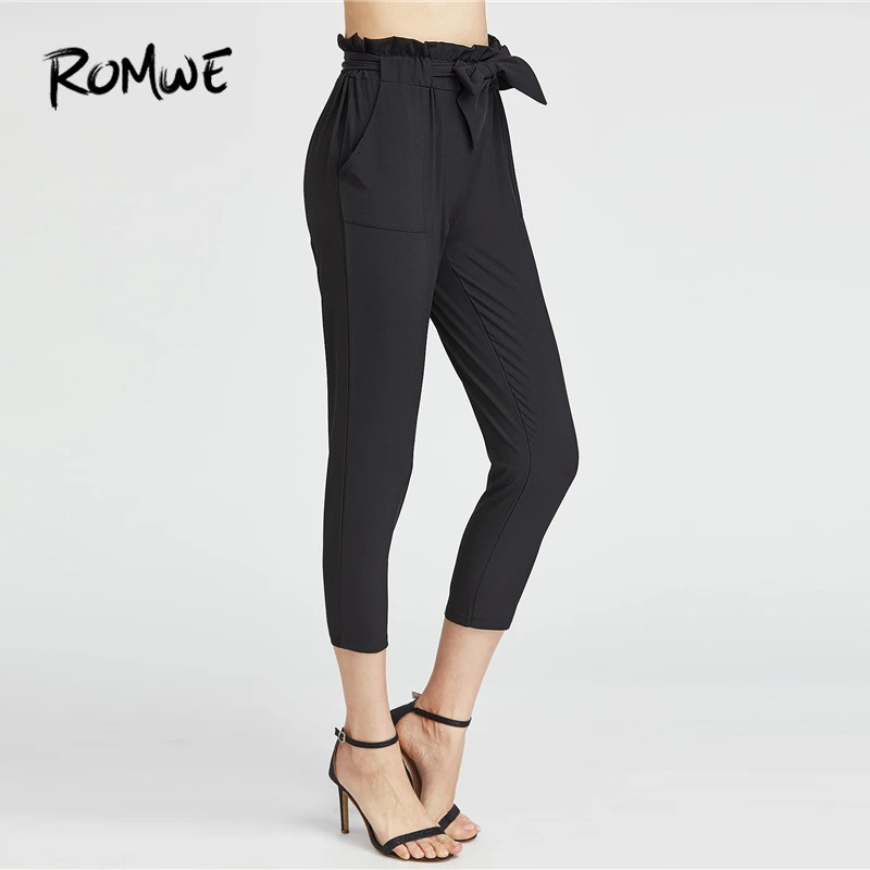 

ROMWE Ruffle Waist Self Tie Capri Belted Frill Knot Pants Female Spring Summer Autumn Casual Workwear Mid Waist Crop Pants