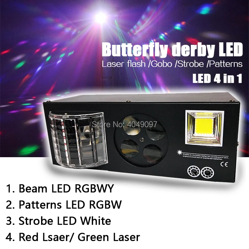 LED 4 в 1 Бабочка Дерби свет лазерная вспышка гобо стробоскоп света DMX512 Диско клуб