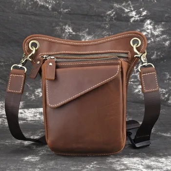 

Crazy Horse Cowhide Fanny Waist Drop Leg Bags Hip Bum Belt Pack Riding Cross Body Men Geunine Leather Messenger Shoulder Bag