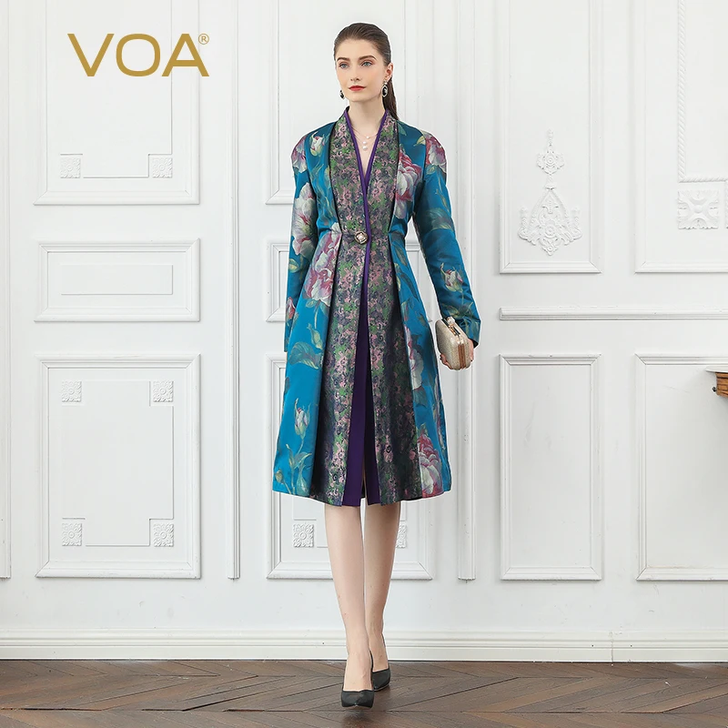VOA Silk Trench Coat Women Vintage One Buckle Slim Outerwear Elegant Ladies Luxury Windbreaker Fall Blue Floral Printed F336
VOA Silk Trench Coat Women Vintage One Buckle Slim Outerwear Elegant Ladies Luxury Windbreaker Fall Blue Floral Printed F336