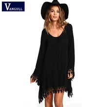 Di modo Casual Solido Vestiti delle Donne di Autunno Più Il formato 5XL Della Nappa Mini Vestito Femminile manica lunga O-Collo Bordo irregolare delle donne vestito(China)