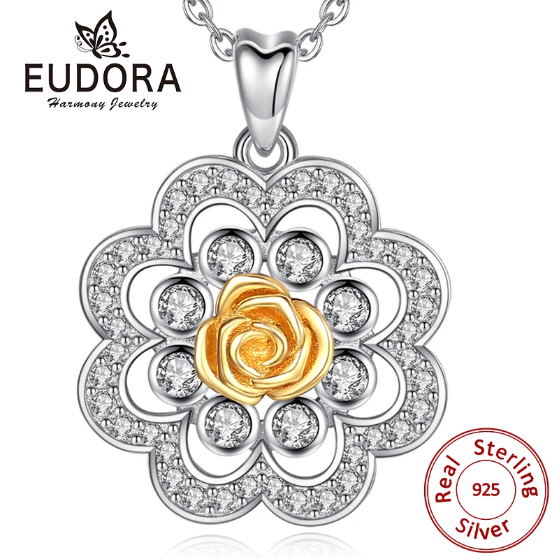 Фото EUDORA Unique 925 Sterling Silver Cubic Zirconia Gold Rose Flower Pendant Necklace For Women Fine Sliver Jewelry Gift CYD330 | Украшения и