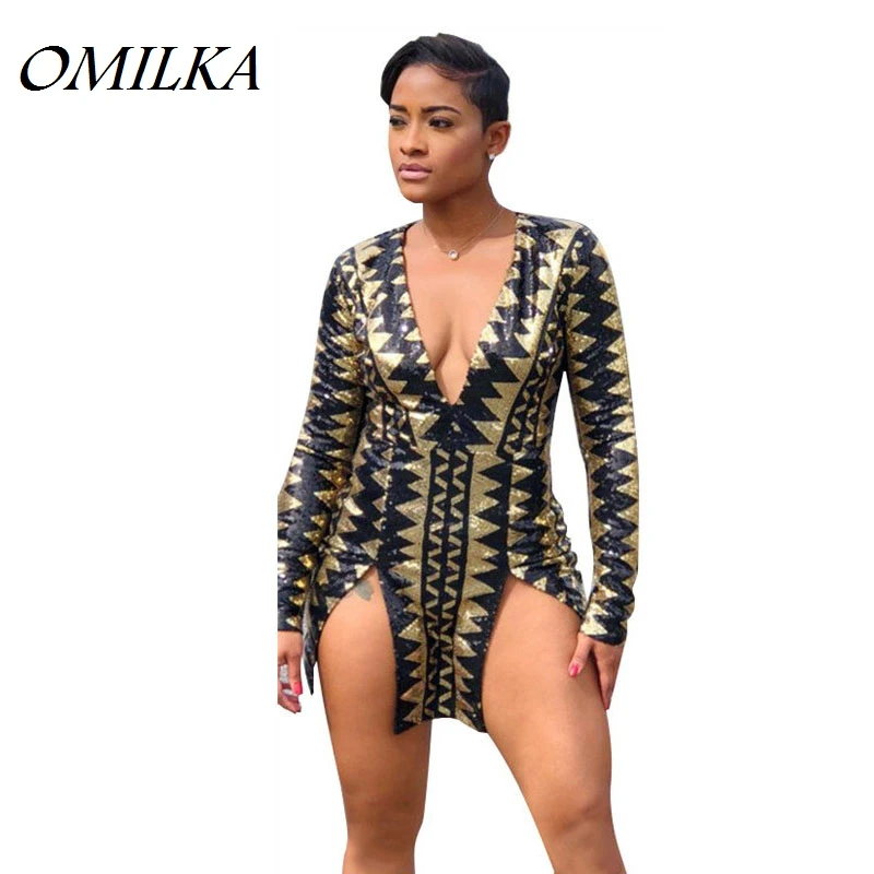 

OMILKA 2018 Autumn Women Long Sleeve V Neck Split Sequin Bodycon Dress Sexy White Gold Geometrical Printed Club Party Mini Dress