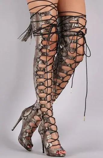 High Quality Sexy Sneak Print Leather Lace-up Over The Knee Boots Peep Toe Cut-out Gladiator Sandals Boots For Women Free Ship
High Quality Sexy Sneak Print Leather Lace-up Over The Knee Boots Peep Toe Cut-out Gladiator Sandals Boots For Women Free Ship